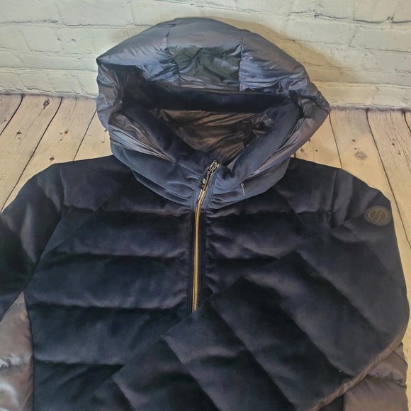 Adhoc Traveller Puffer Hooded Full Zip Jacket Large Navy Blue Pockets Soft - Picture 1 of 16